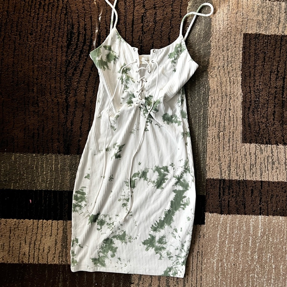 Green and White Tie-Dye Spaghetti Strap Dress